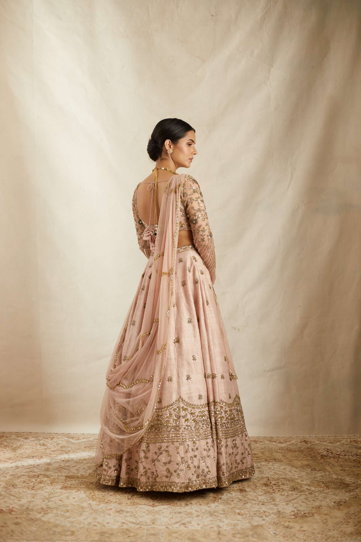 Peach Pink Embroidered Raw Silk Lehenga (3-Piece) - Image 4
