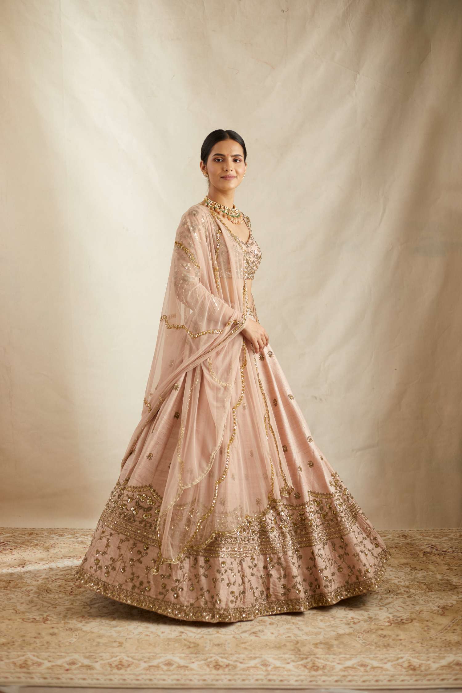 Peach Pink Embroidered Raw Silk Lehenga (3-Piece) - Image 5