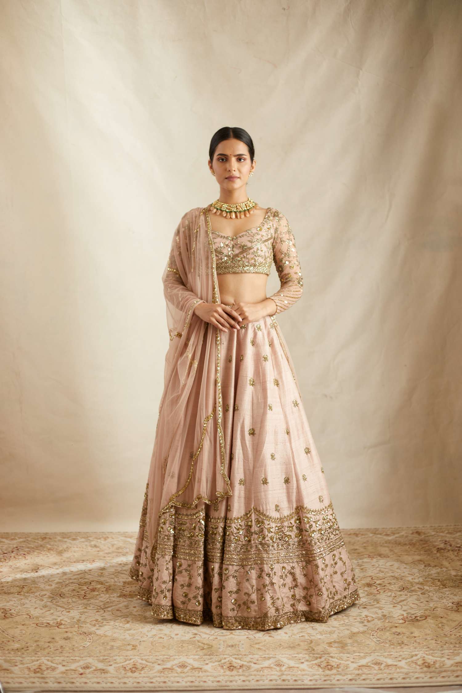 Peach Pink Embroidered Raw Silk Lehenga (3-Piece) - Image 6