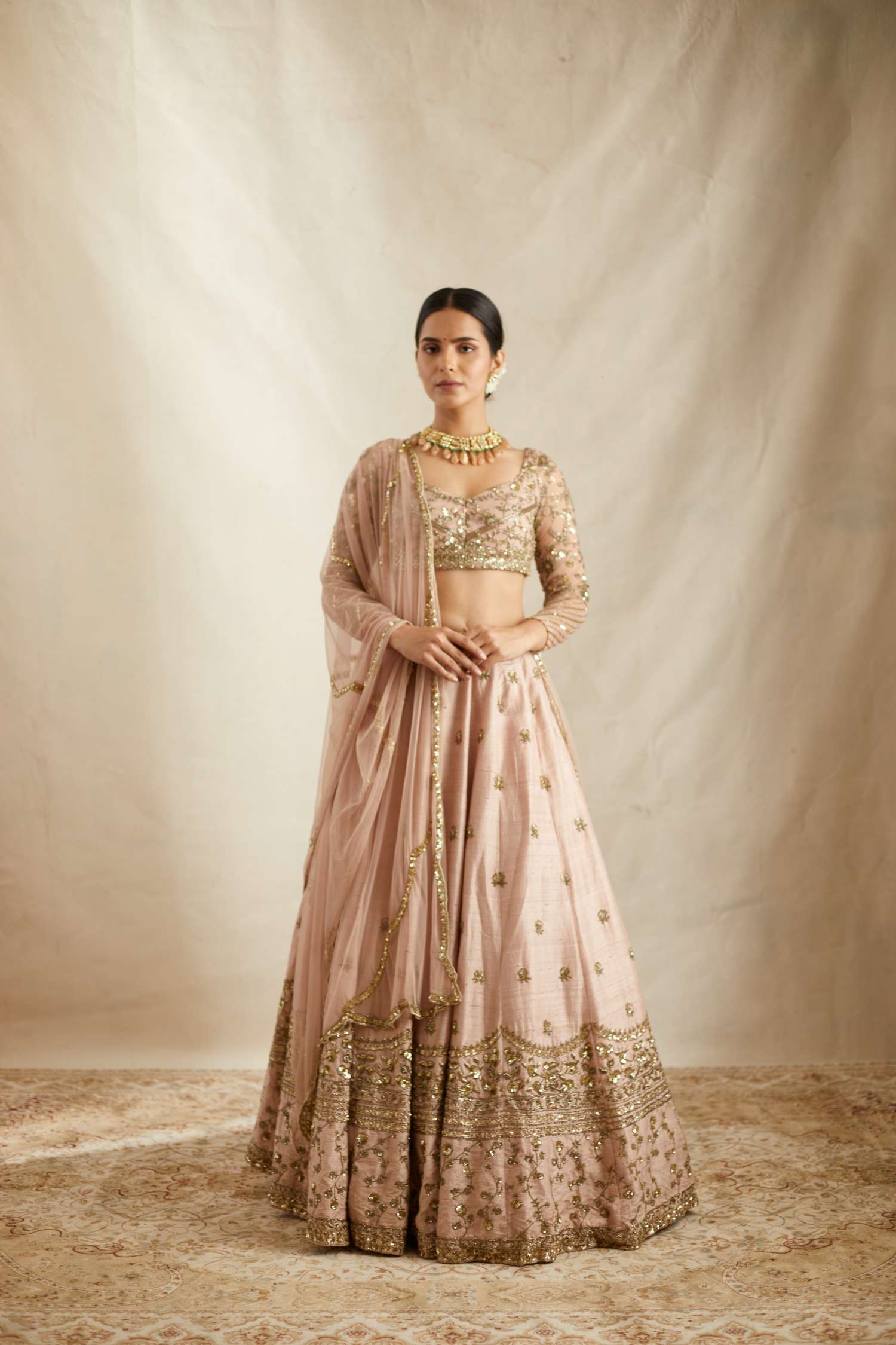 Peach Pink Embroidered Raw Silk Lehenga (3-Piece) - Image 7