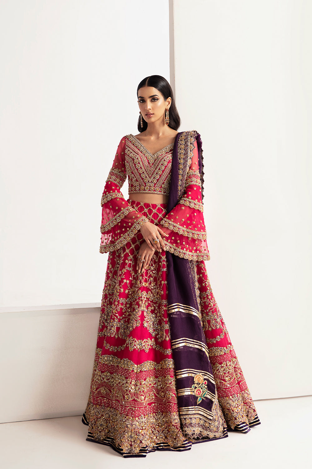 Pakistani Hot Pink Hand-Embellished Organza & Raw Silk Lehenga Choli (3-Piece) - Image 1