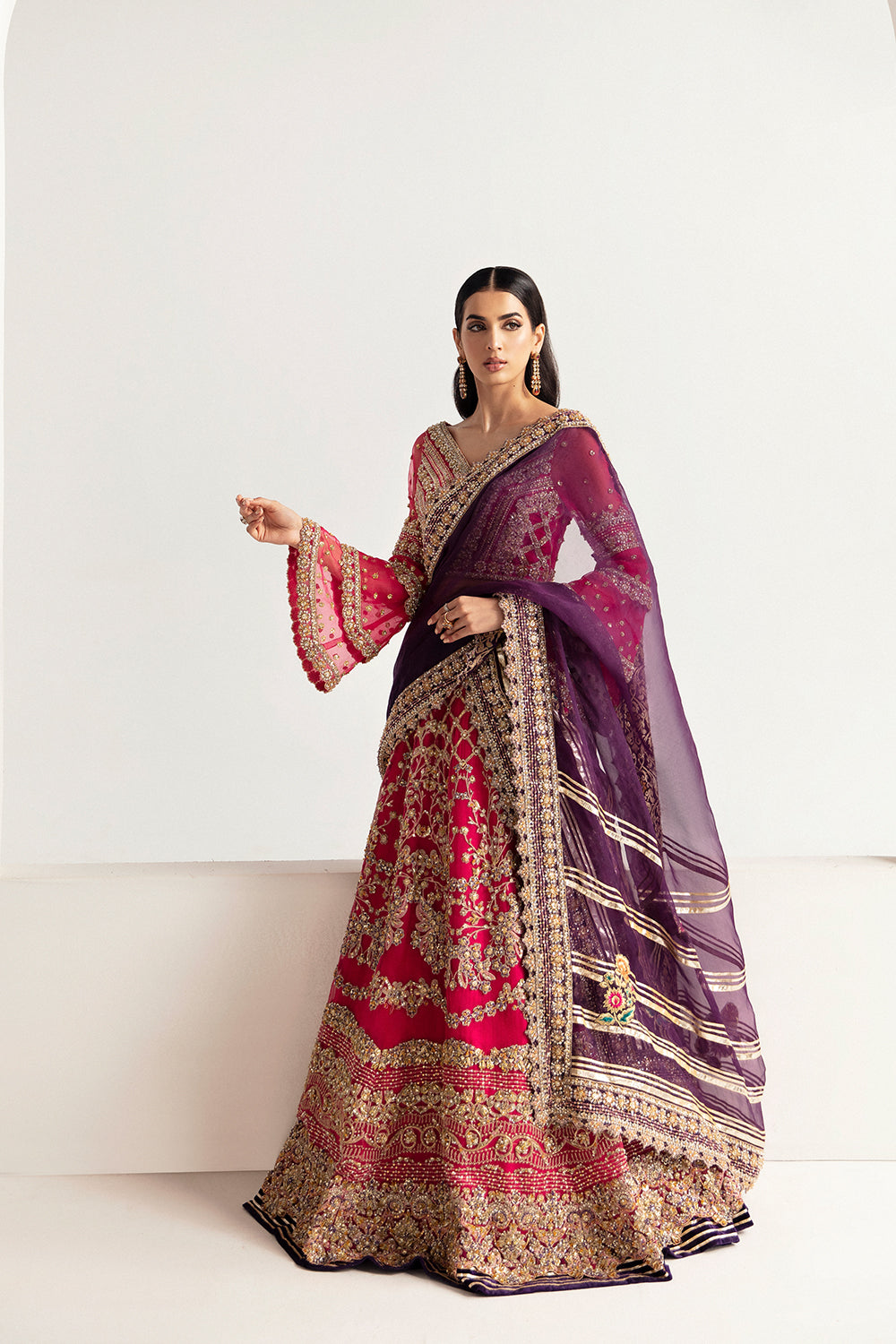 Pakistani Hot Pink Hand-Embellished Organza & Raw Silk Lehenga Choli (3-Piece) - Image 2
