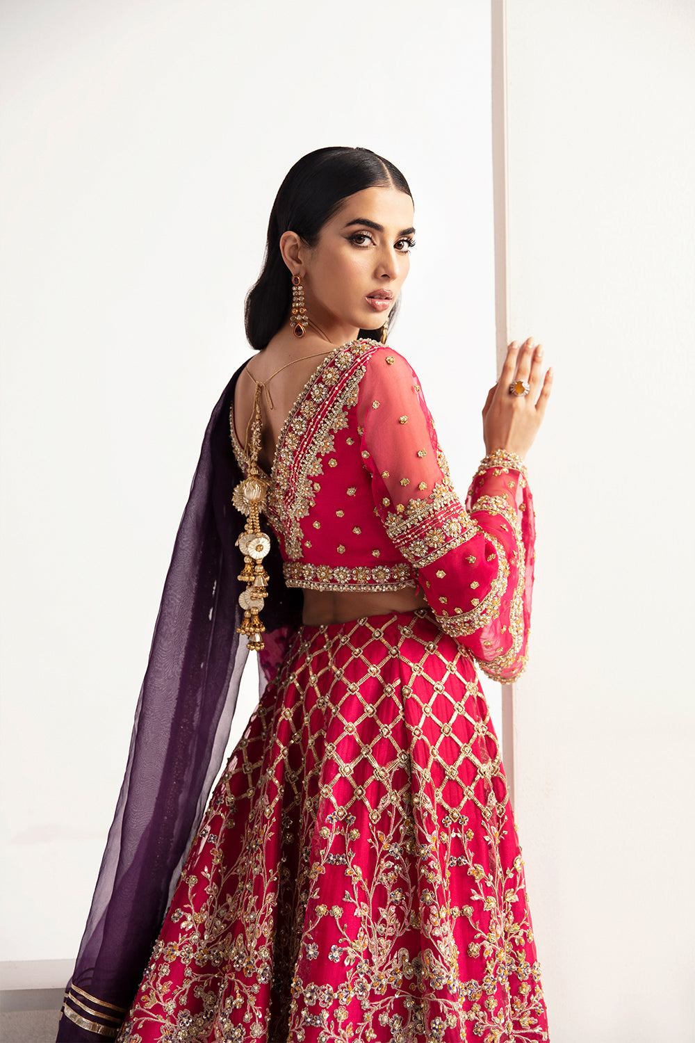 Pakistani Hot Pink Hand-Embellished Organza & Raw Silk Lehenga Choli (3-Piece) - Image 3