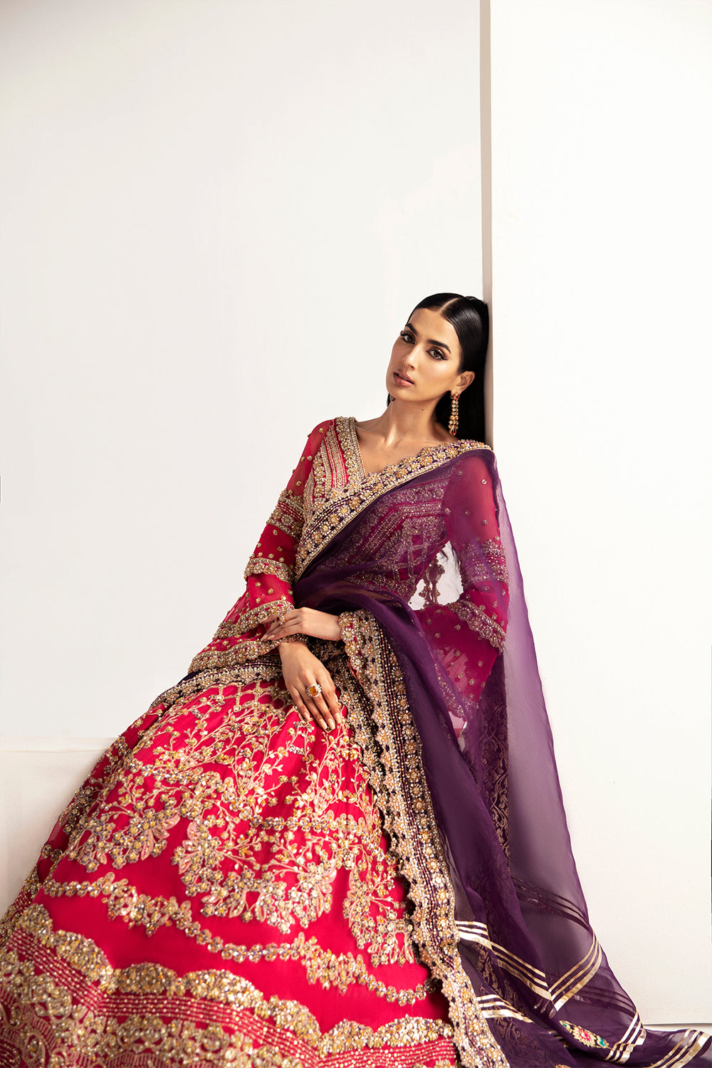 Pakistani Hot Pink Hand-Embellished Organza & Raw Silk Lehenga Choli (3-Piece) - Image 4
