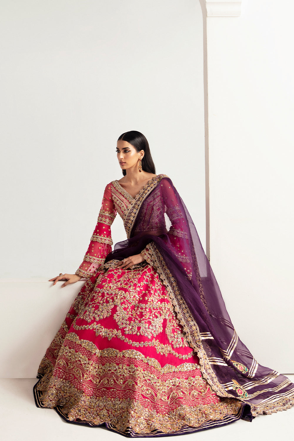 Pakistani Hot Pink Hand-Embellished Organza & Raw Silk Lehenga Choli (3-Piece) - Image 5