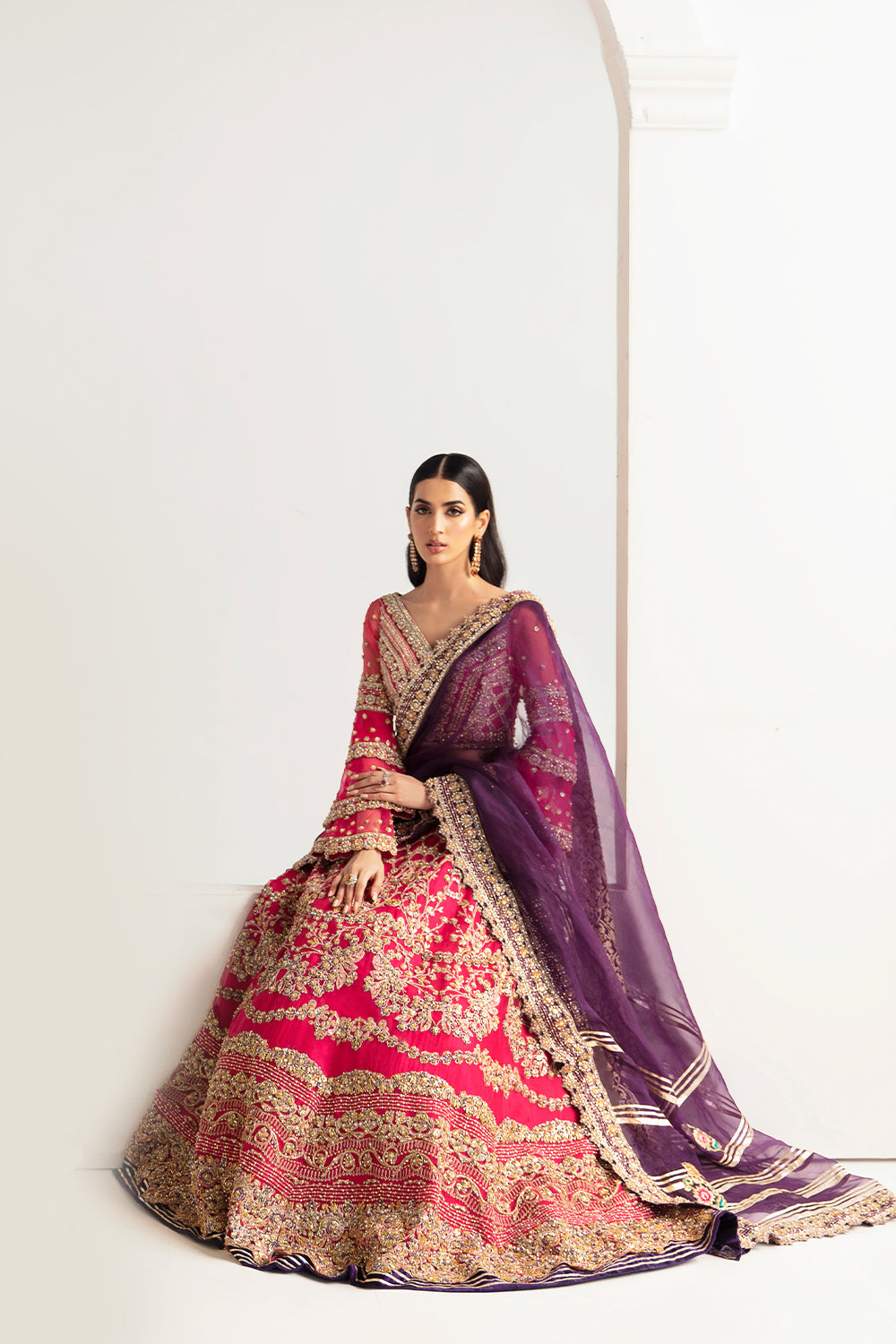 Pakistani Hot Pink Hand-Embellished Organza & Raw Silk Lehenga Choli (3-Piece) - Image 6