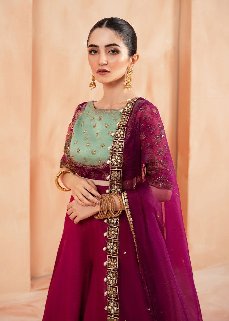 Magenta Embroidered Jamawar & Raw Silk Lehenga (3-Piece) - Image 2