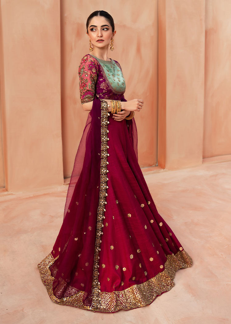 Magenta Embroidered Jamawar & Raw Silk Lehenga (3-Piece) - Image 3