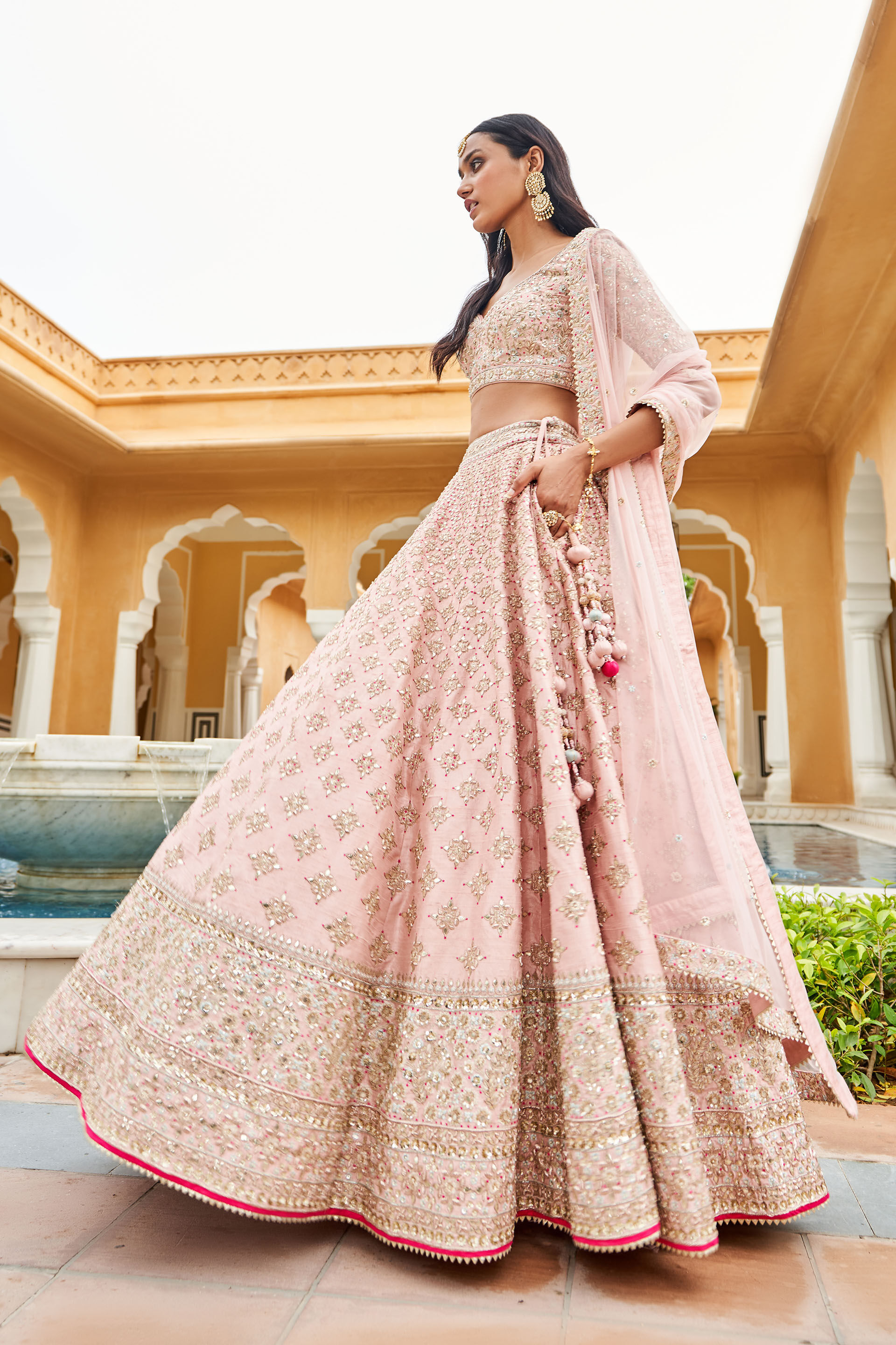 Blush Gota Patti Embroidered Raw Silk Lehenga (3-Piece) - Image 2