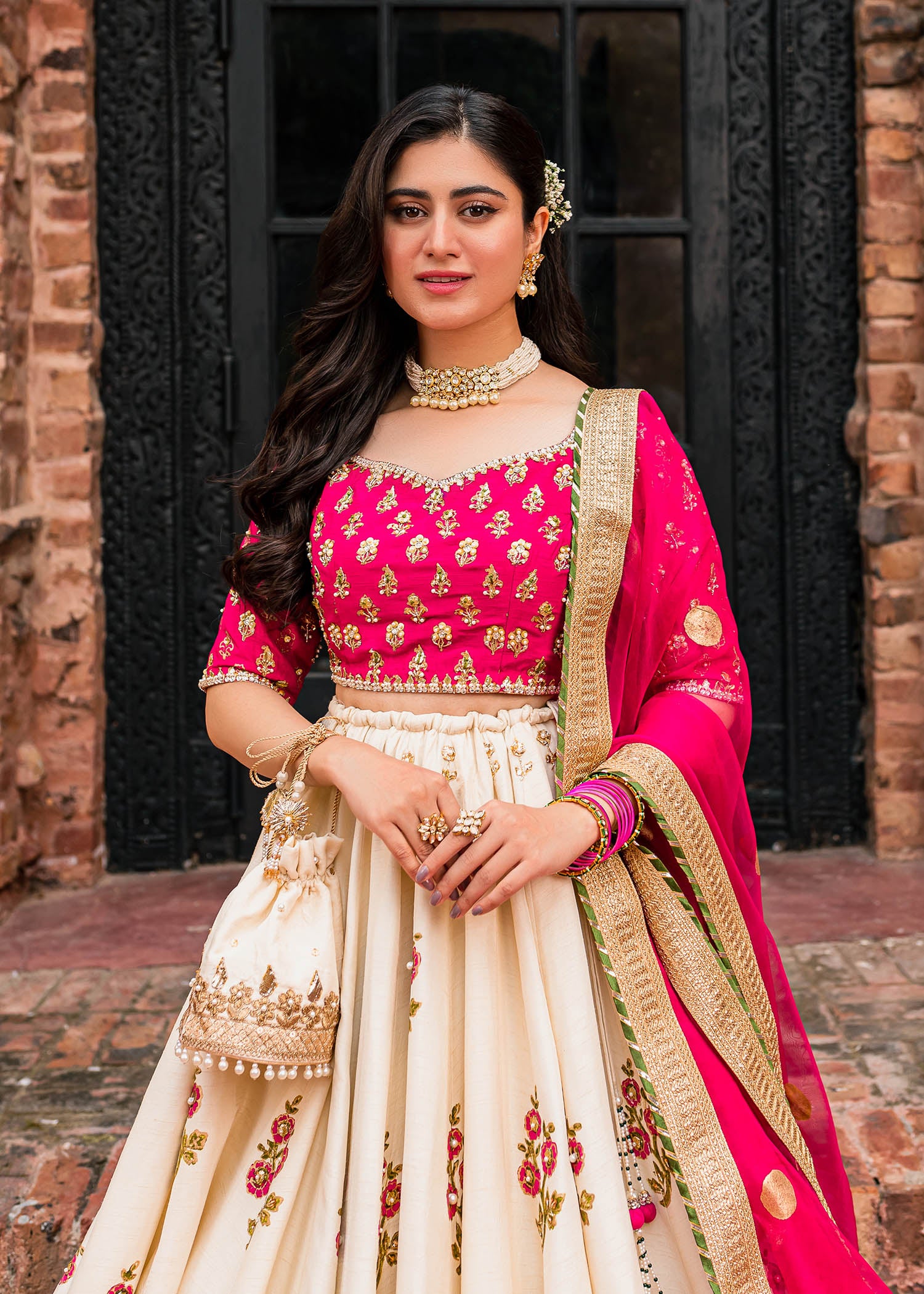 Hot Pink Gota Block Print Rawsilk Lehenga Choli (3-Piece) - Image 3