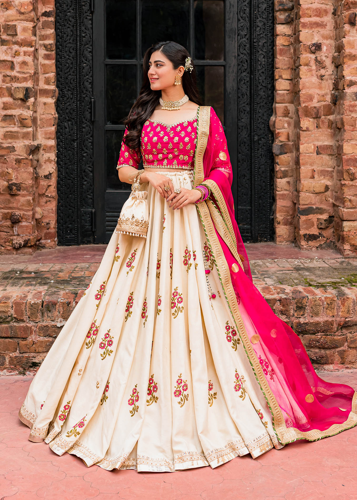 Hot Pink Gota Block Print Rawsilk Lehenga Choli (3-Piece) - Image 5