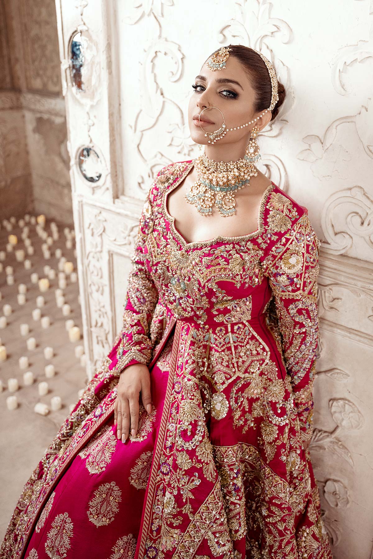 Pakistani Shocking Pink Embroidered Raw Silk Bridal Pishwas (3-Piece) - Image 2