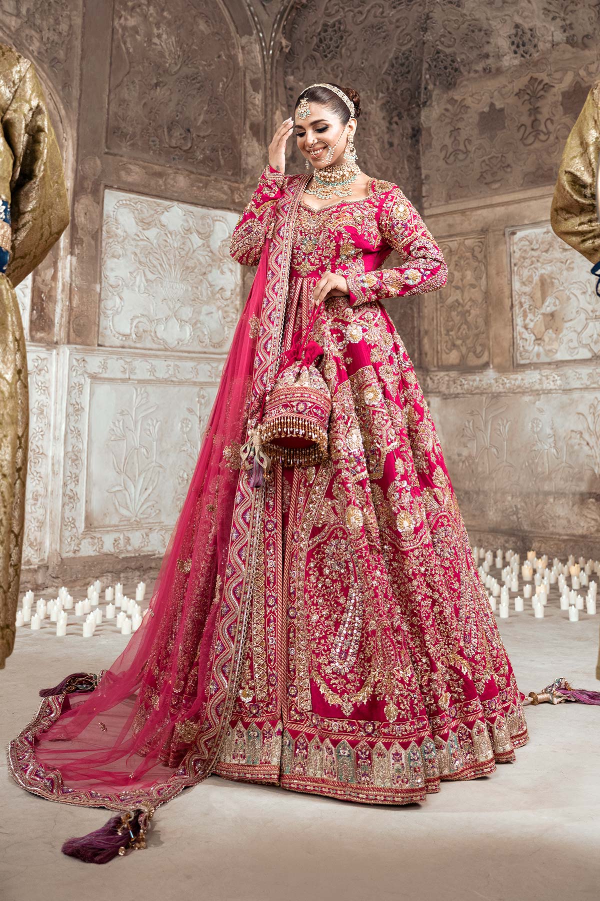 Pakistani Shocking Pink Embroidered Raw Silk Bridal Pishwas (3-Piece) - Image 4