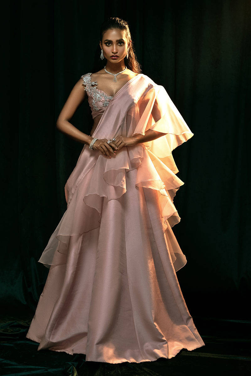 Pakistani Nude Pink Embellished Raw Silk Lehnga Ruffled Saree (2-Piece) - Image 1