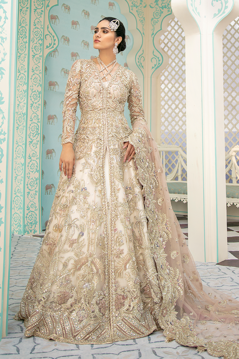 Pakistani Nude Pink Embroidered Net Jacket Lehenga (3-Piece) - Image 11