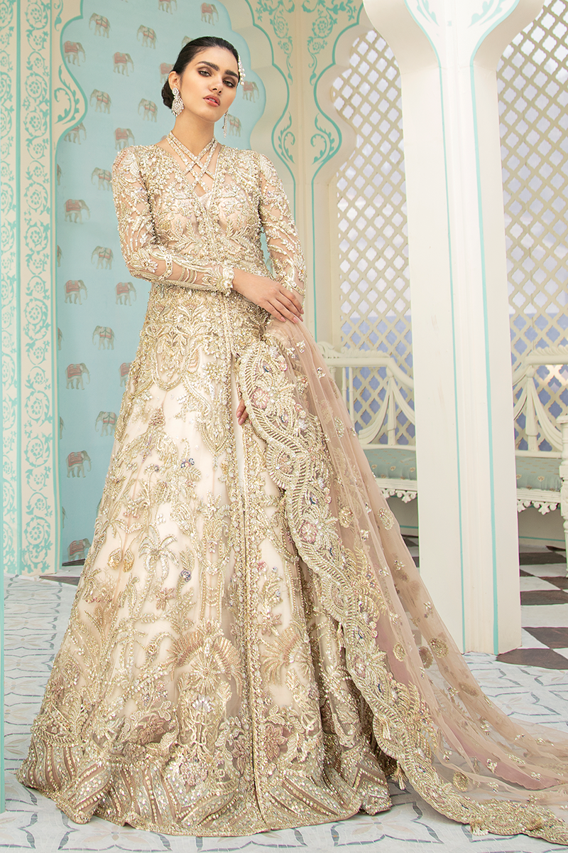 Pakistani Nude Pink Embroidered Net Jacket Lehenga (3-Piece) - Image 12