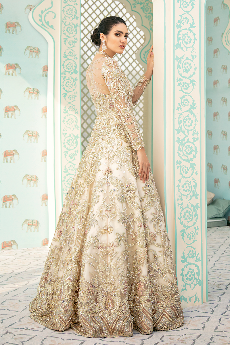 Pakistani Nude Pink Embroidered Net Jacket Lehenga (3-Piece) - Image 13