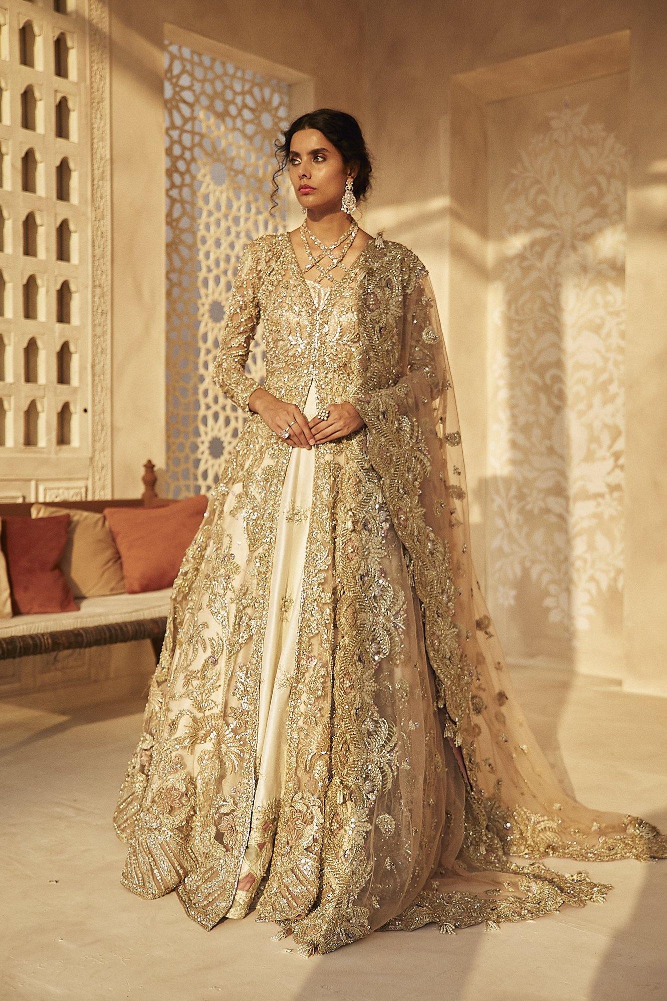 Pakistani Nude Pink Embroidered Net Jacket Lehenga (3-Piece) - Image 3