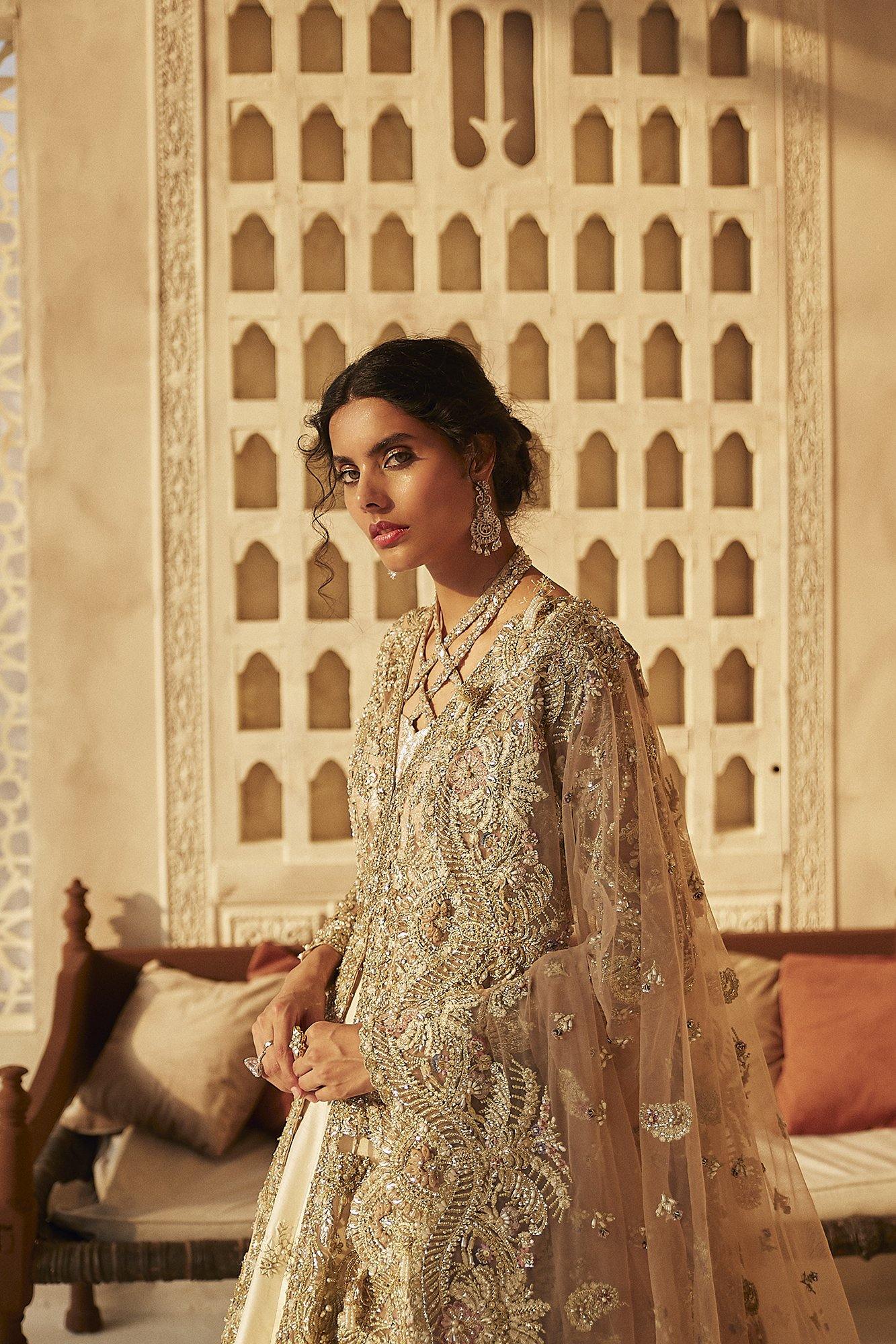 Pakistani Nude Pink Embroidered Net Jacket Lehenga (3-Piece) - Image 4