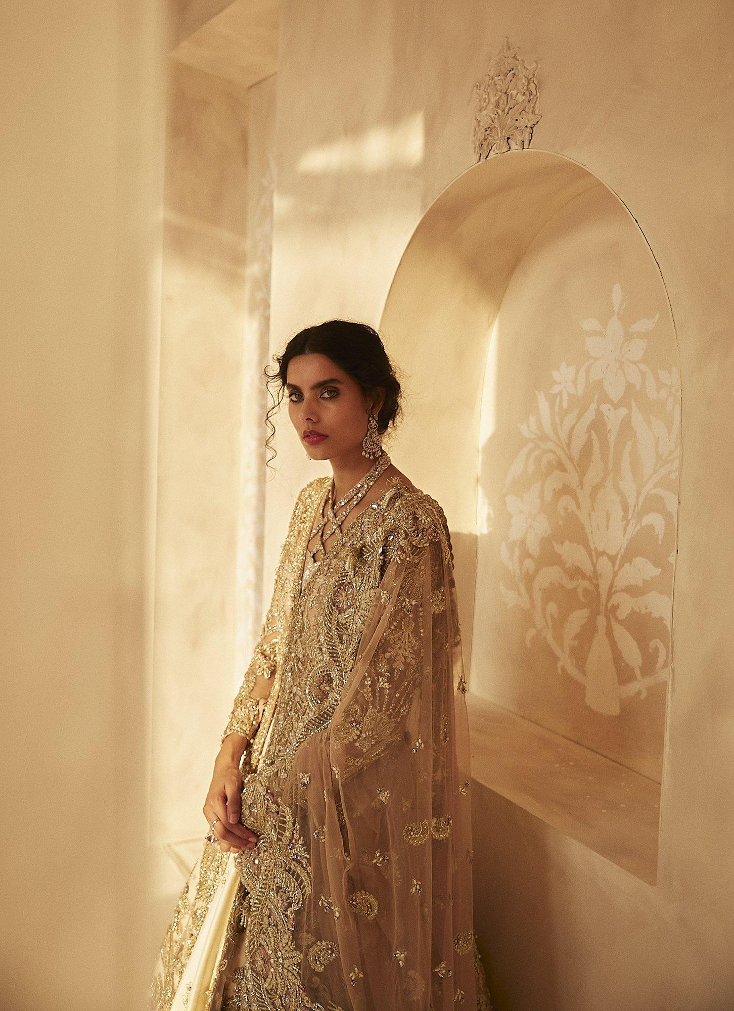 Pakistani Nude Pink Embroidered Net Jacket Lehenga (3-Piece) - Image 6