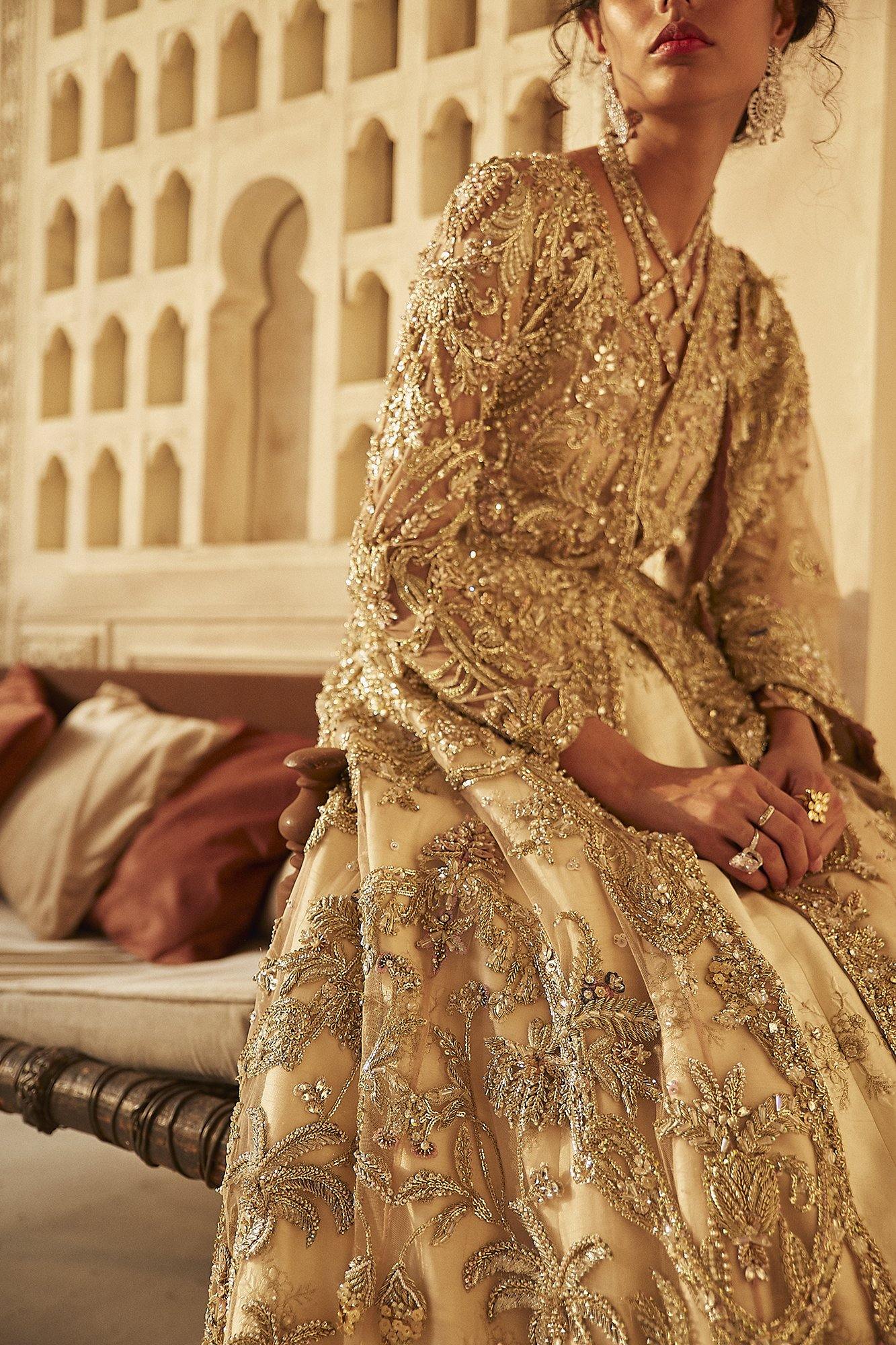 Pakistani Nude Pink Embroidered Net Jacket Lehenga (3-Piece) - Image 7