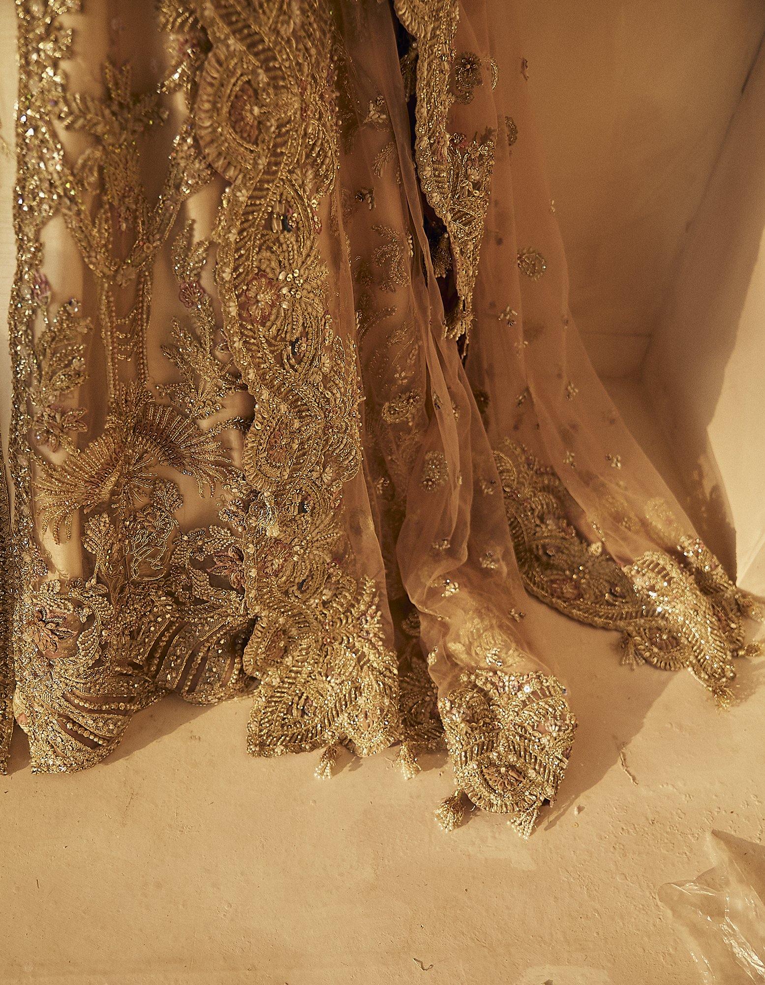 Pakistani Nude Pink Embroidered Net Jacket Lehenga (3-Piece) - Image 8