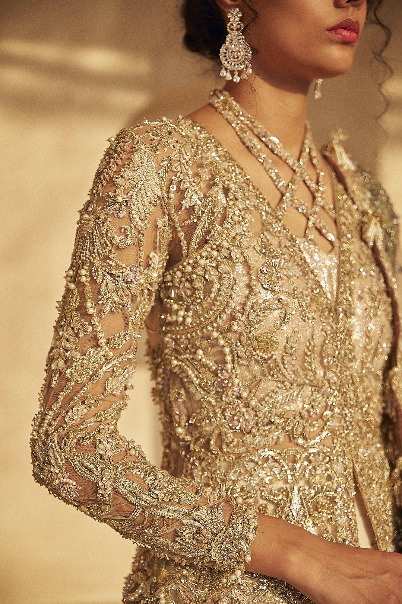 Pakistani Nude Pink Embroidered Net Jacket Lehenga (3-Piece) - Image 9