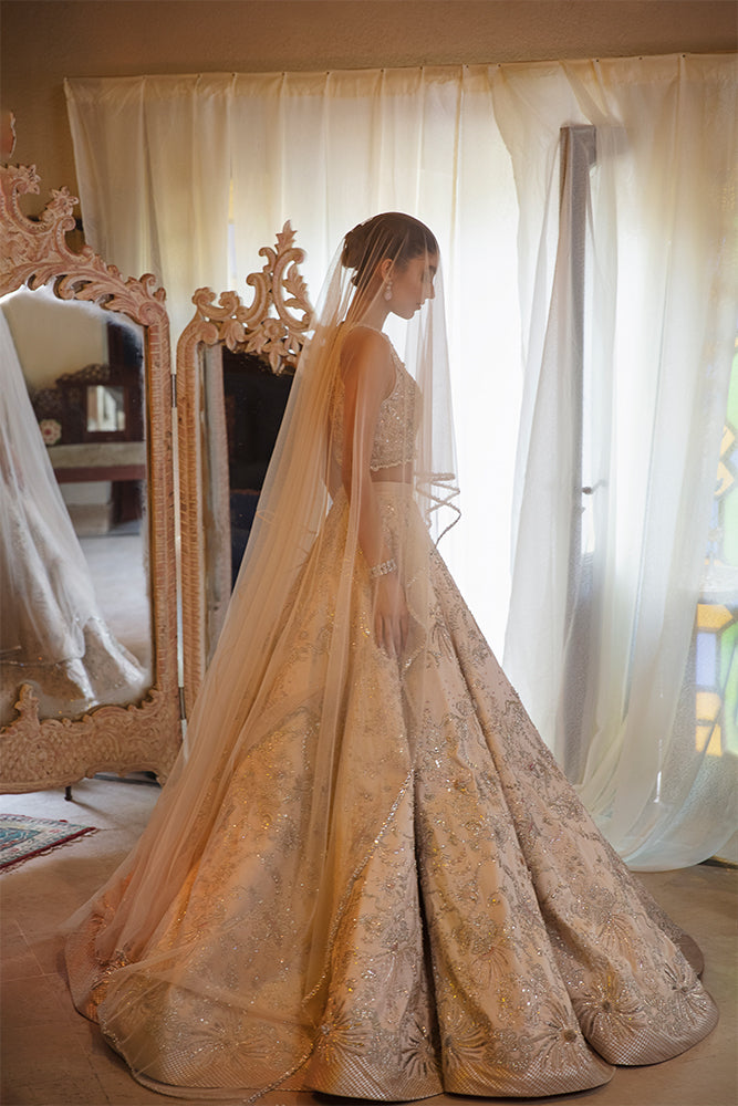 Pakistani Nude Blush Embroidered Pure Raw Silk Lehenga Choli (3-Piece) - Image 3