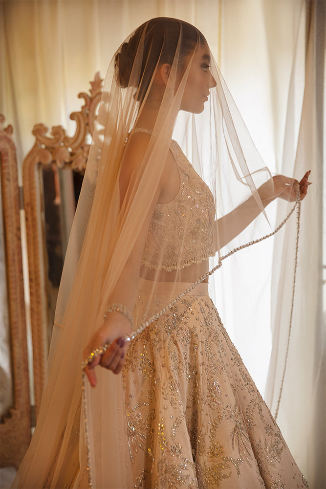 Pakistani Nude Blush Embroidered Pure Raw Silk Lehenga Choli (3-Piece) - Image 4