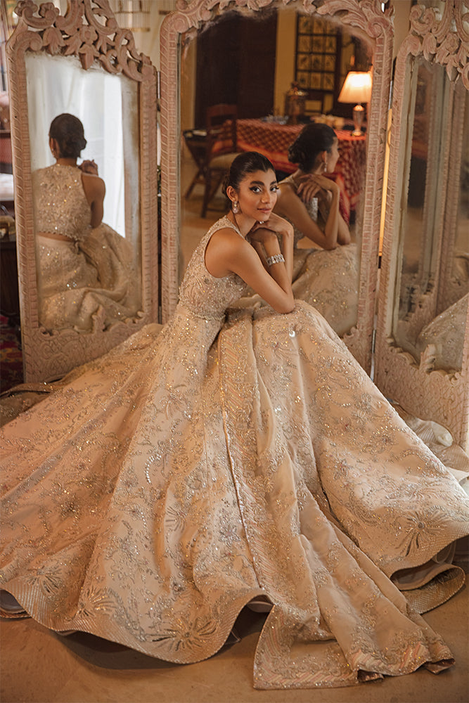 Pakistani Nude Blush Embroidered Pure Raw Silk Lehenga Choli (3-Piece) - Image 5