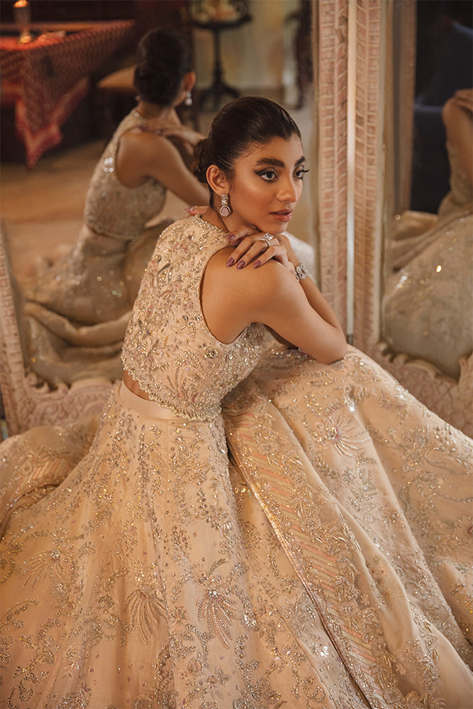 Pakistani Nude Blush Embroidered Pure Raw Silk Lehenga Choli (3-Piece) - Image 6