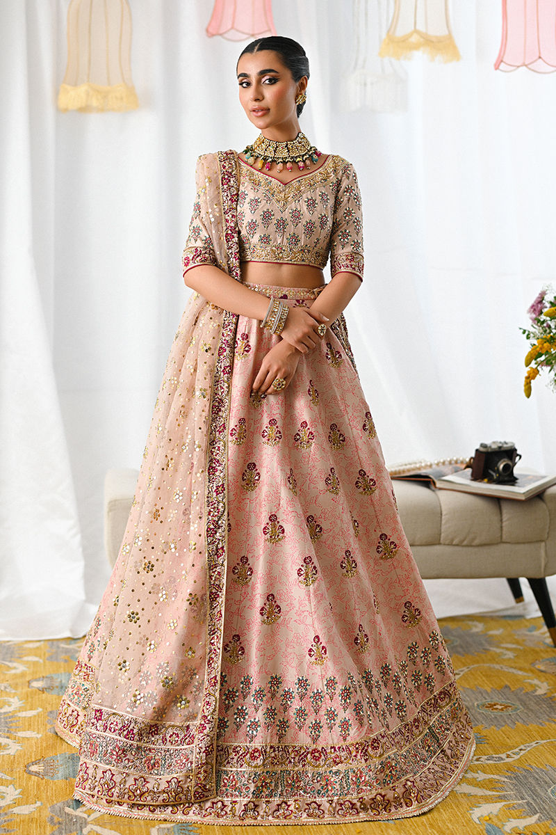 Salmon Pink Embellished Raw Silk Lehenga Choli (3-Piece) - Image 1