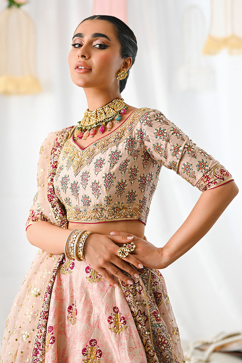 Salmon Pink Embellished Raw Silk Lehenga Choli (3-Piece) - Image 2