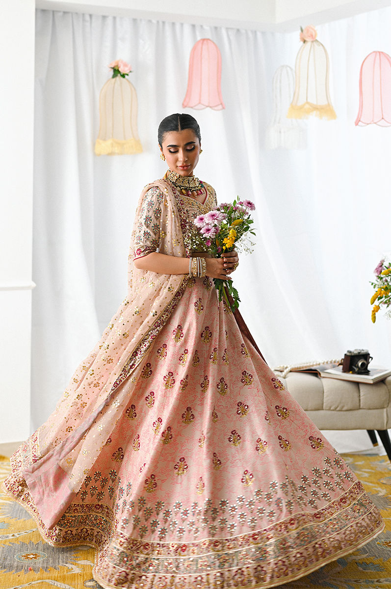 Salmon Pink Embellished Raw Silk Lehenga Choli (3-Piece) - Image 4