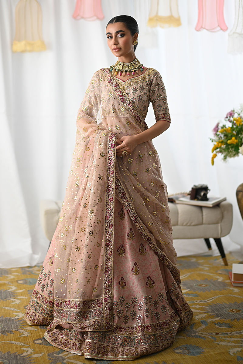 Salmon Pink Embellished Raw Silk Lehenga Choli (3-Piece) - Image 5