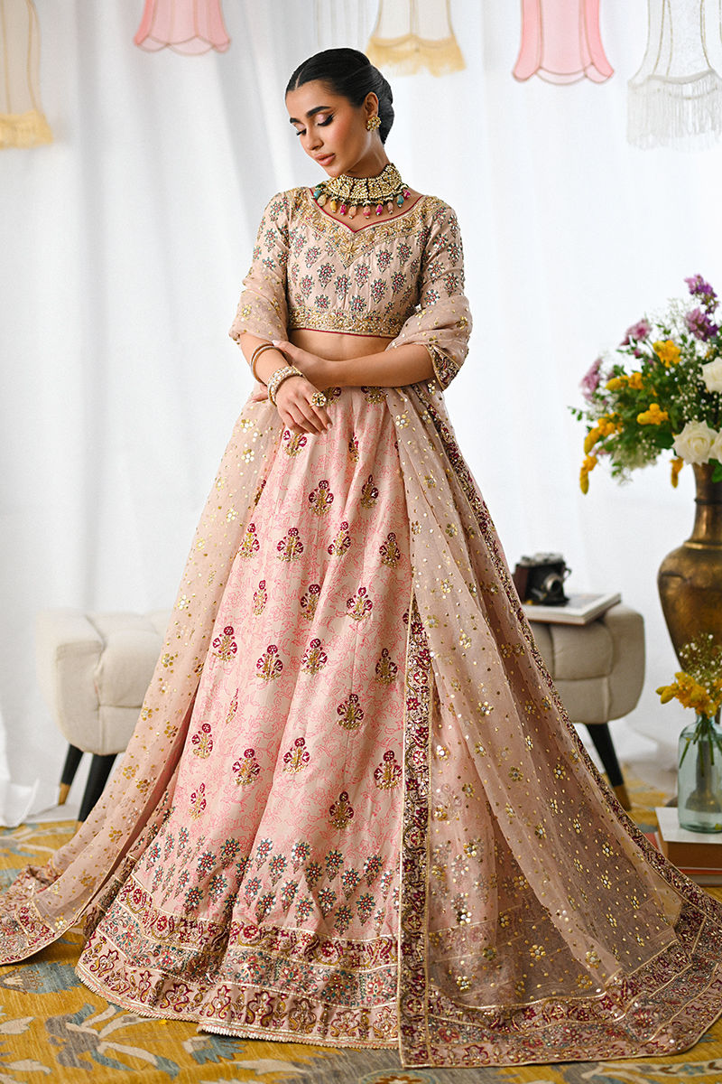 Salmon Pink Embellished Raw Silk Lehenga Choli (3-Piece) - Image 6
