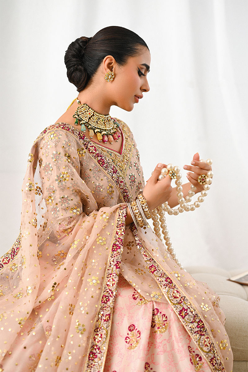 Salmon Pink Embellished Raw Silk Lehenga Choli (3-Piece) - Image 7