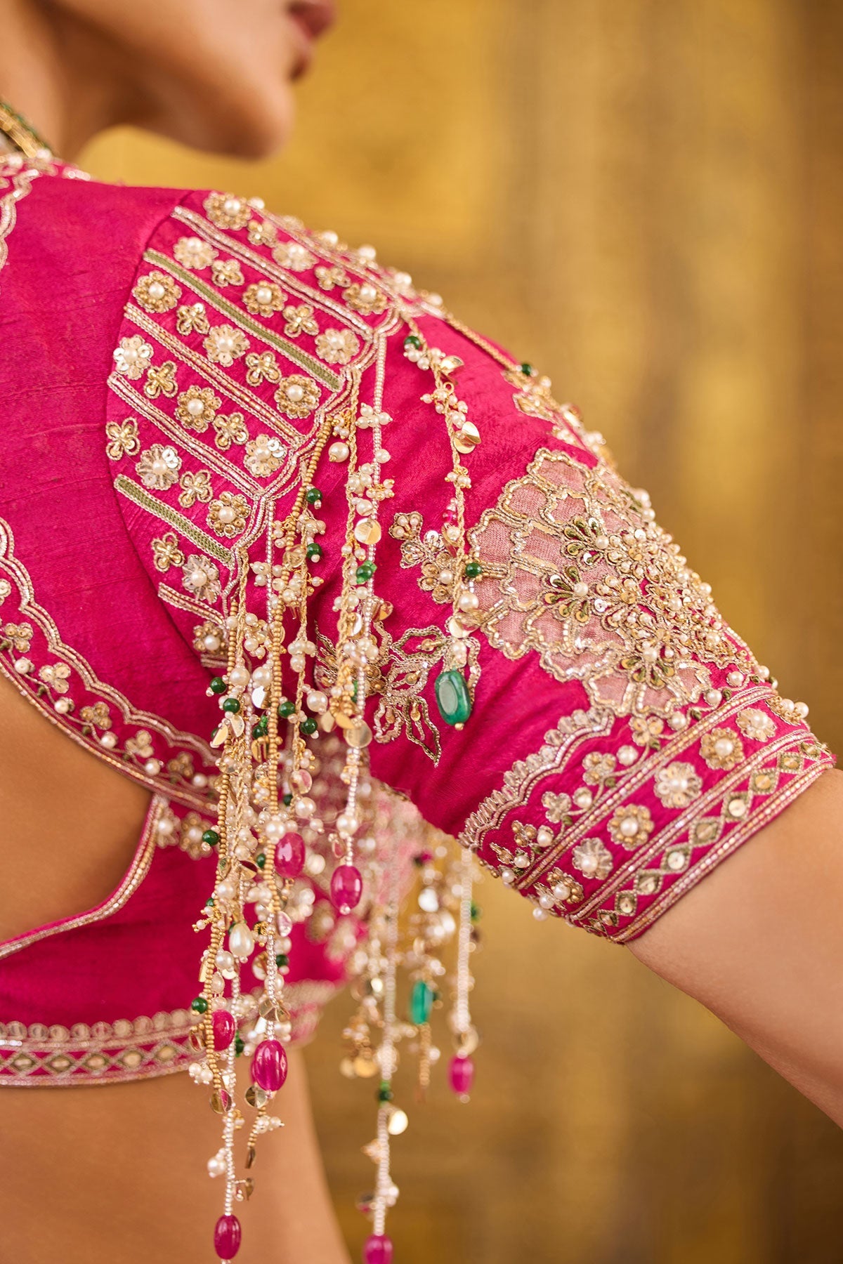 Indian Fuchsia Embroidered Raw Silk Lehenga Set (3-Piece) - Image 4