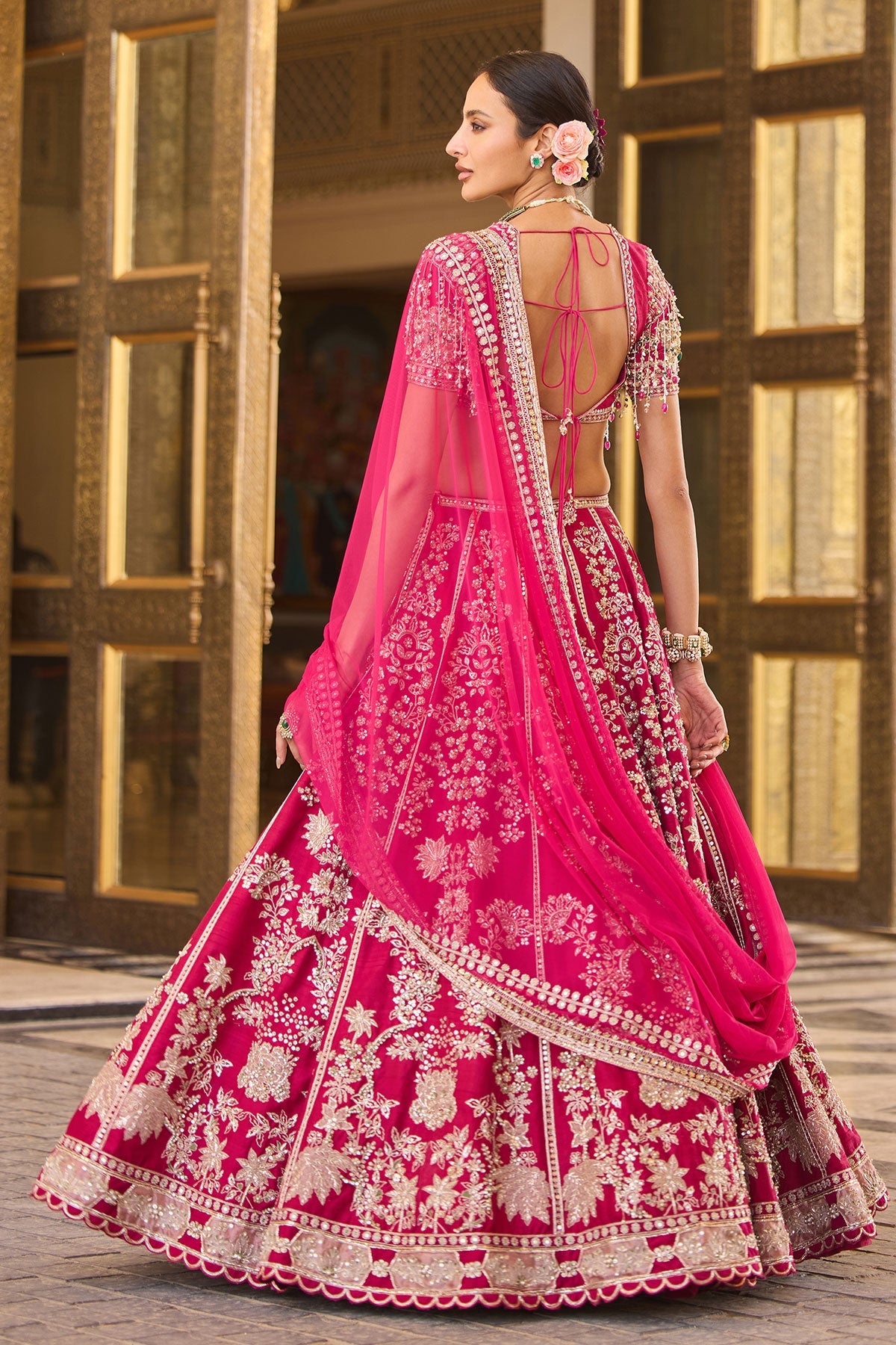 Indian Fuchsia Embroidered Raw Silk Lehenga Set (3-Piece) - Image 6