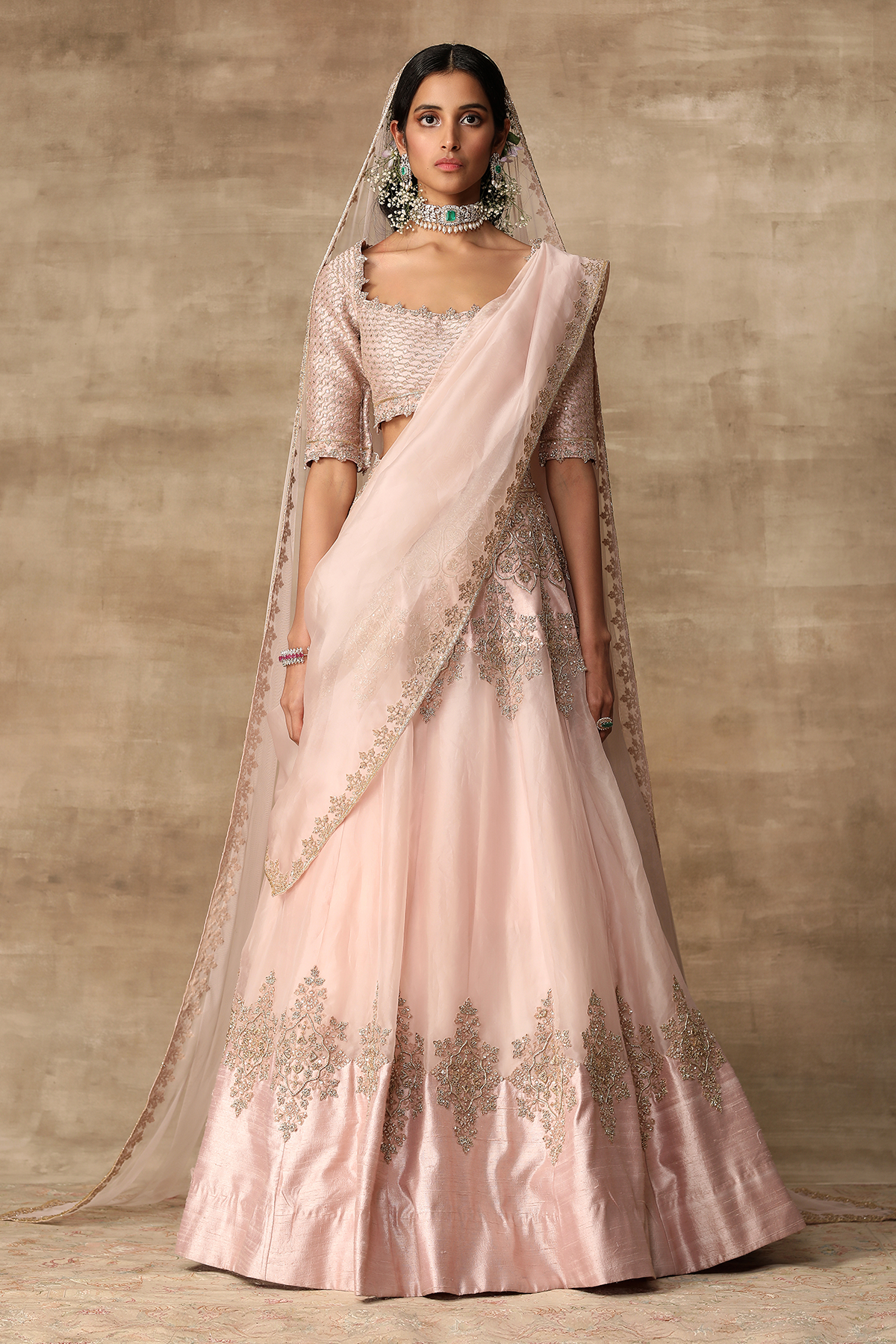Indian Blush Pink Embroidered Raw Silk & Organza Lehenga (3-Piece) - Image 1