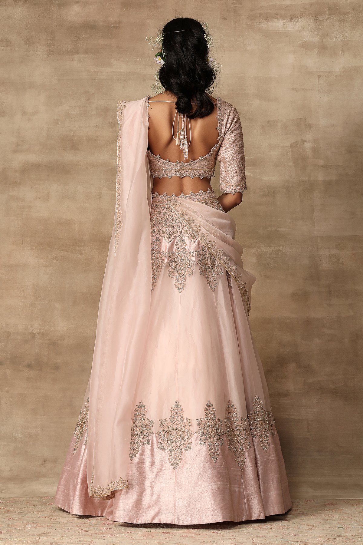 Indian Blush Pink Embroidered Raw Silk & Organza Lehenga (3-Piece) - Image 2