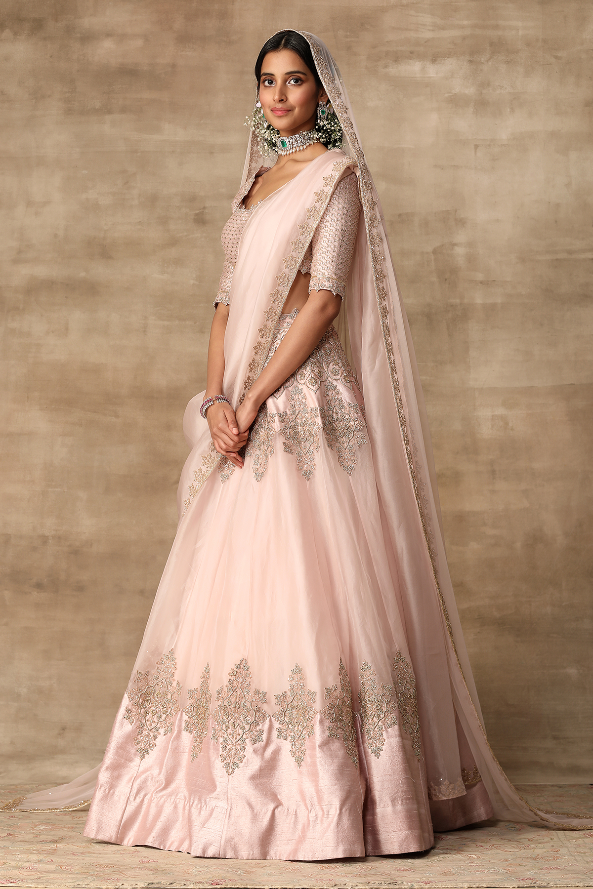 Indian Blush Pink Embroidered Raw Silk & Organza Lehenga (3-Piece) - Image 3