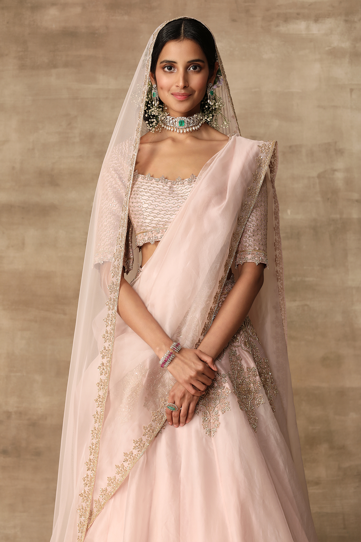 Indian Blush Pink Embroidered Raw Silk & Organza Lehenga (3-Piece) - Image 4