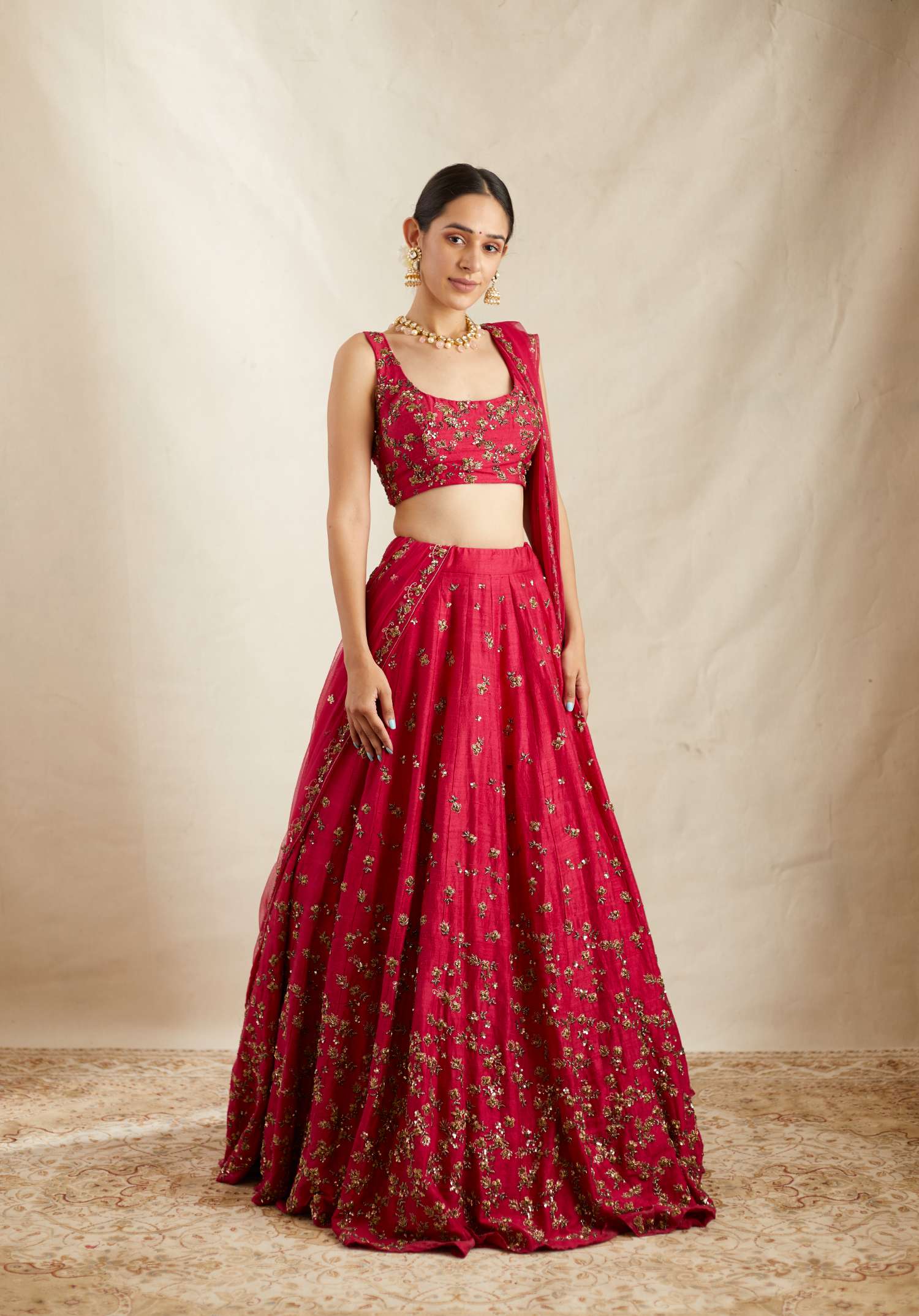 Indian Caramine Pink Embroidered Raw Silk Lehenga (3-Piece) - Image 1