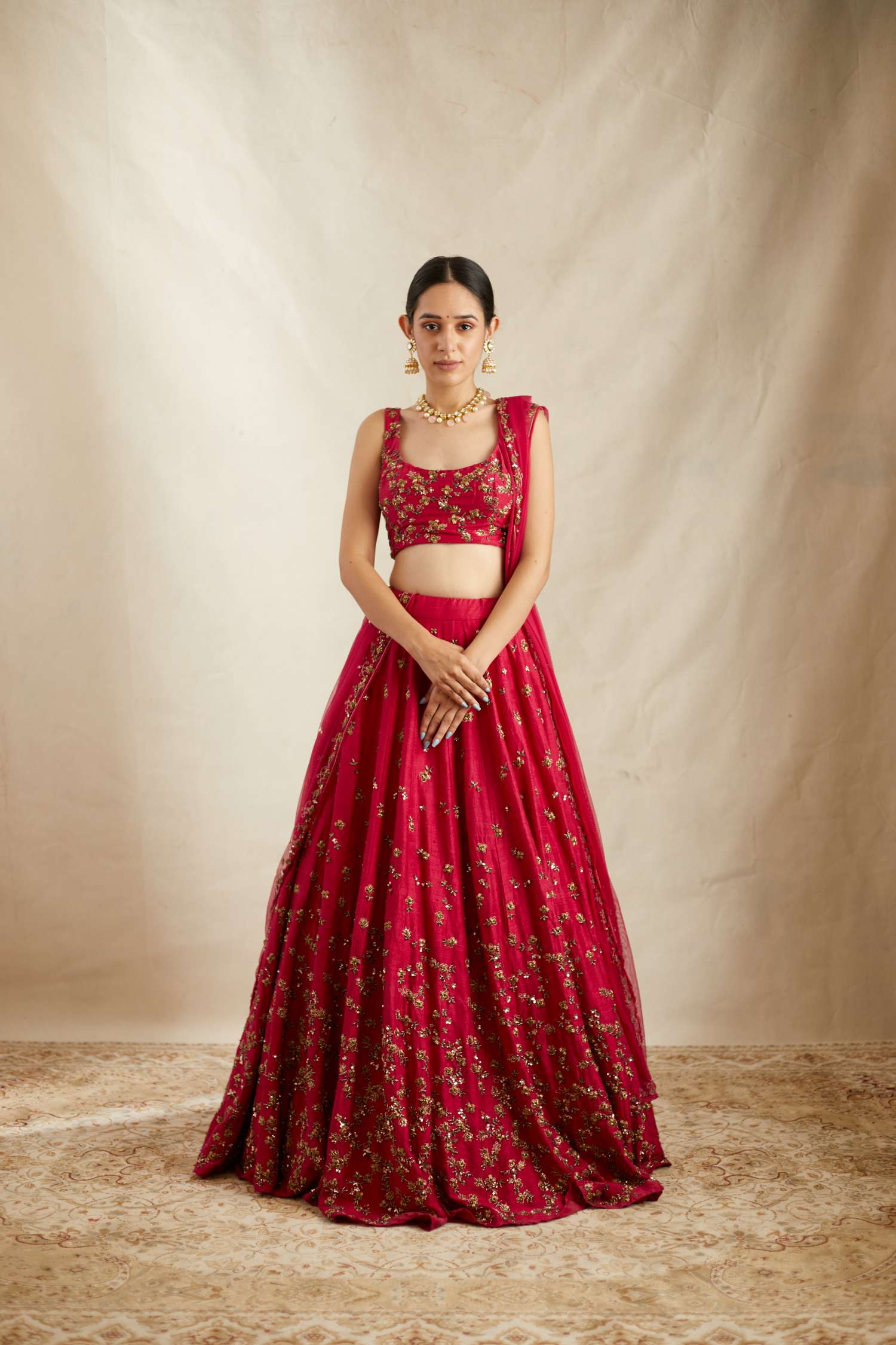 Indian Caramine Pink Embroidered Raw Silk Lehenga (3-Piece) - Image 10