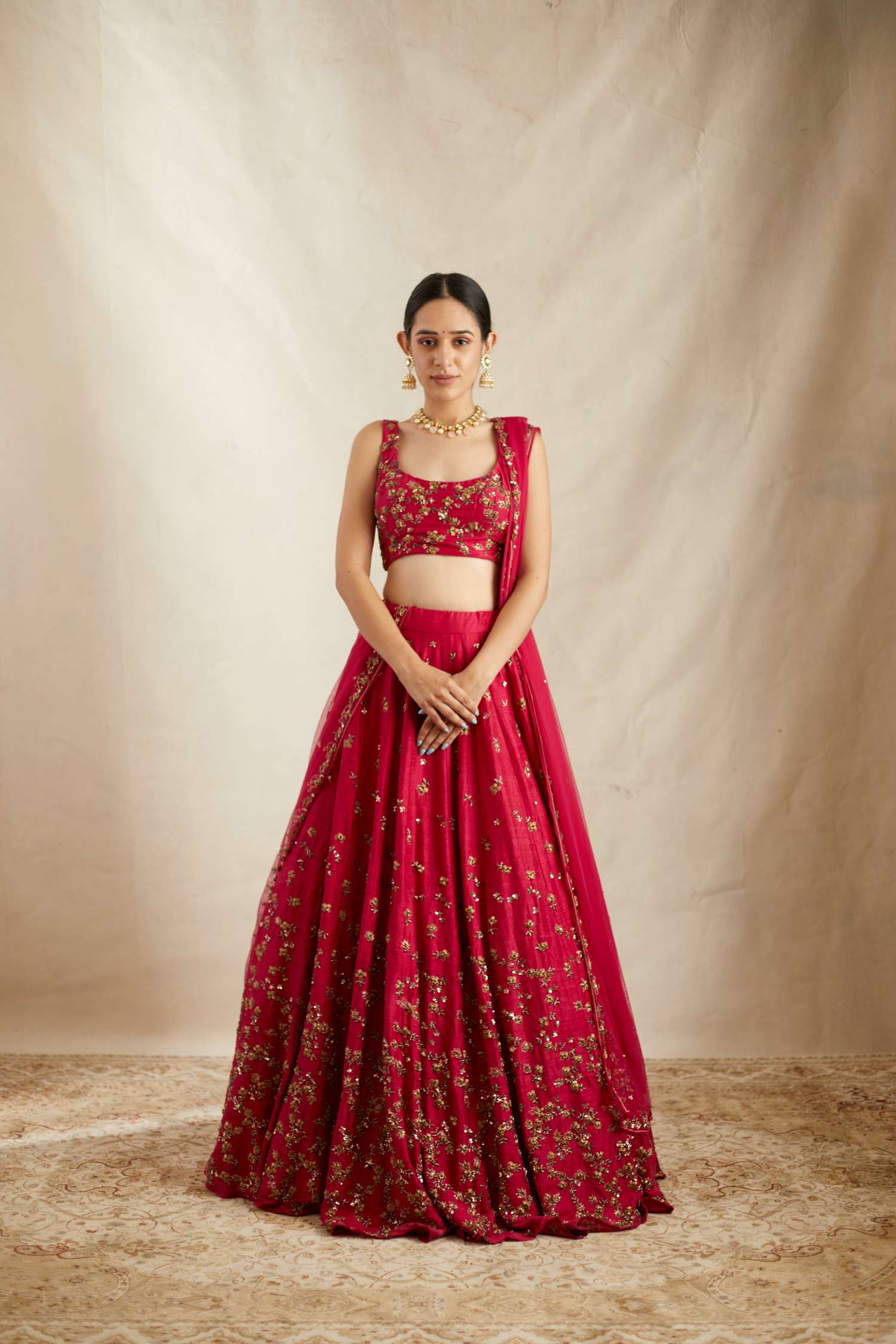 Indian Caramine Pink Embroidered Raw Silk Lehenga (3-Piece) - Image 11