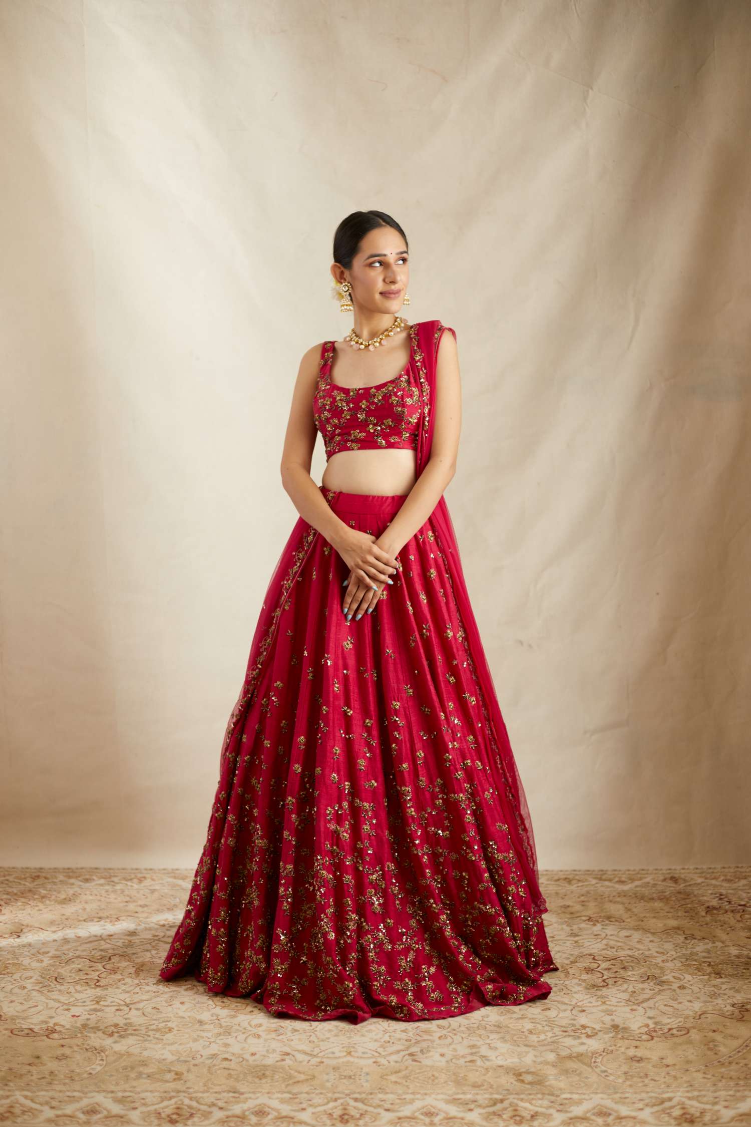 Indian Caramine Pink Embroidered Raw Silk Lehenga (3-Piece) - Image 3