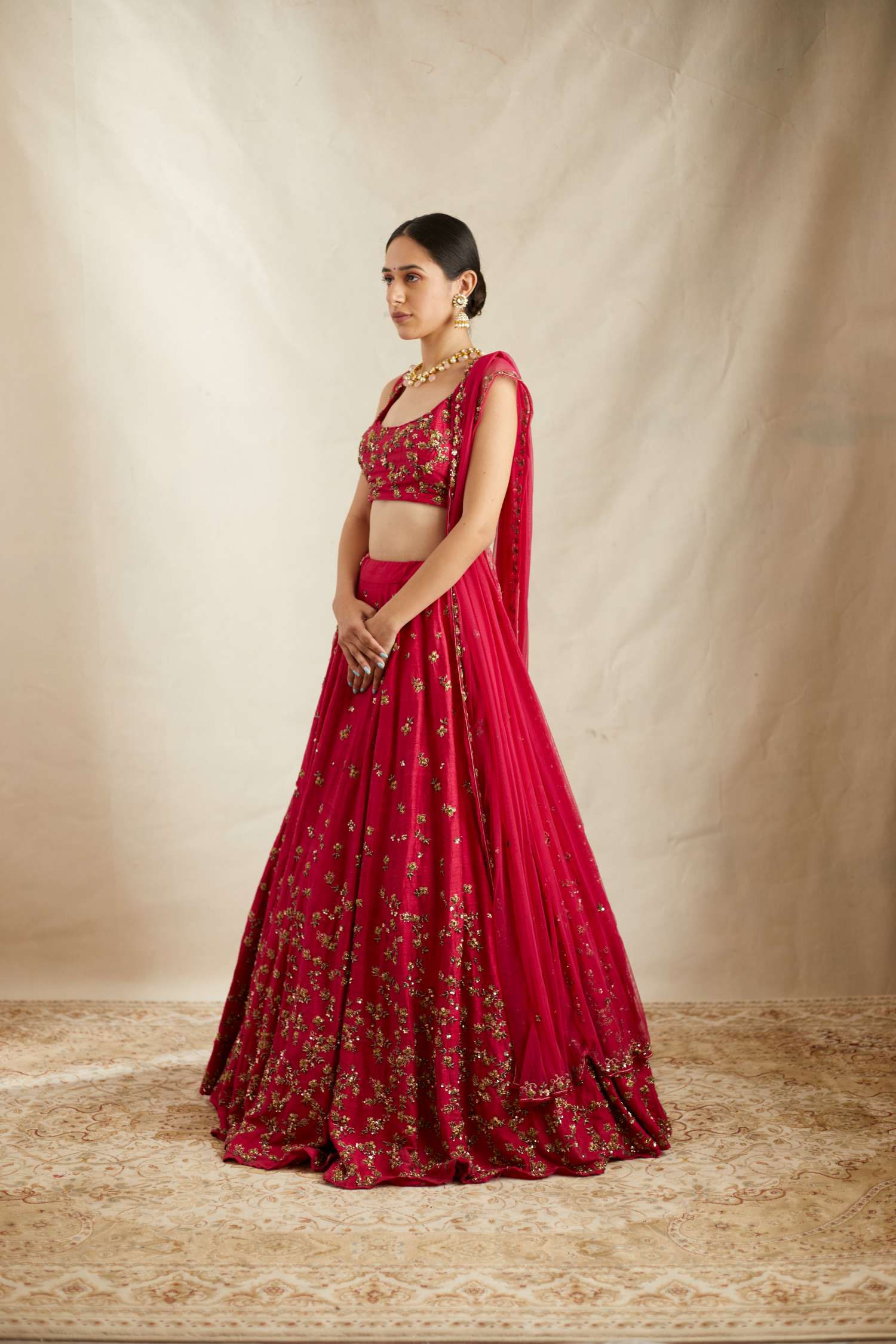 Indian Caramine Pink Embroidered Raw Silk Lehenga (3-Piece) - Image 4