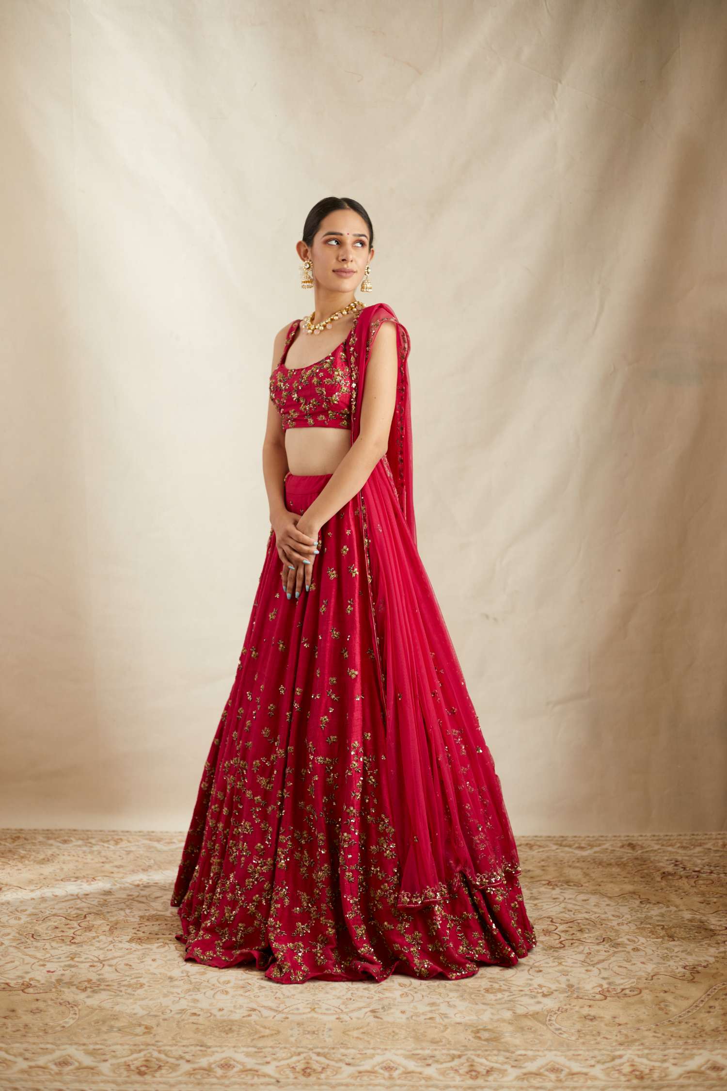 Indian Caramine Pink Embroidered Raw Silk Lehenga (3-Piece) - Image 5