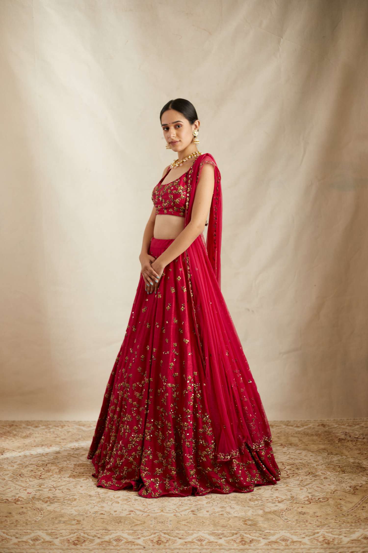 Indian Caramine Pink Embroidered Raw Silk Lehenga (3-Piece) - Image 6